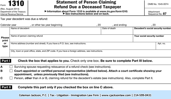 Form 1310 for seeking a decedent’s tax credit or refund